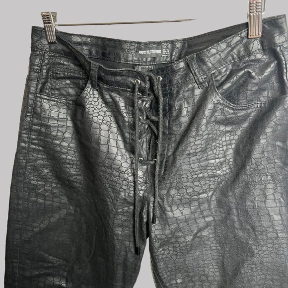 PrettyLittleThing Womens 10 Black Coated Croc Denim Flared Pants Drawstring - Picture 7 of 11